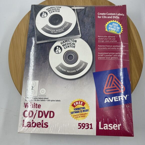 Avery 5931 Removable White CD DVD Labels 25 Sheets 50 Disc Labels 100 Spine - Picture 1 of 6